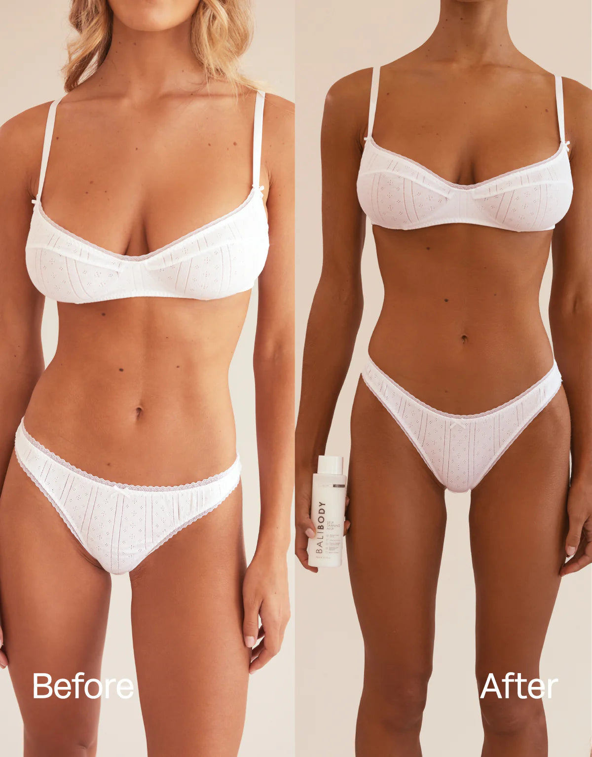 Los resultados del antes y después de nuestra self tan milk. Logra un autobronceado natural sin manchas ni olor.