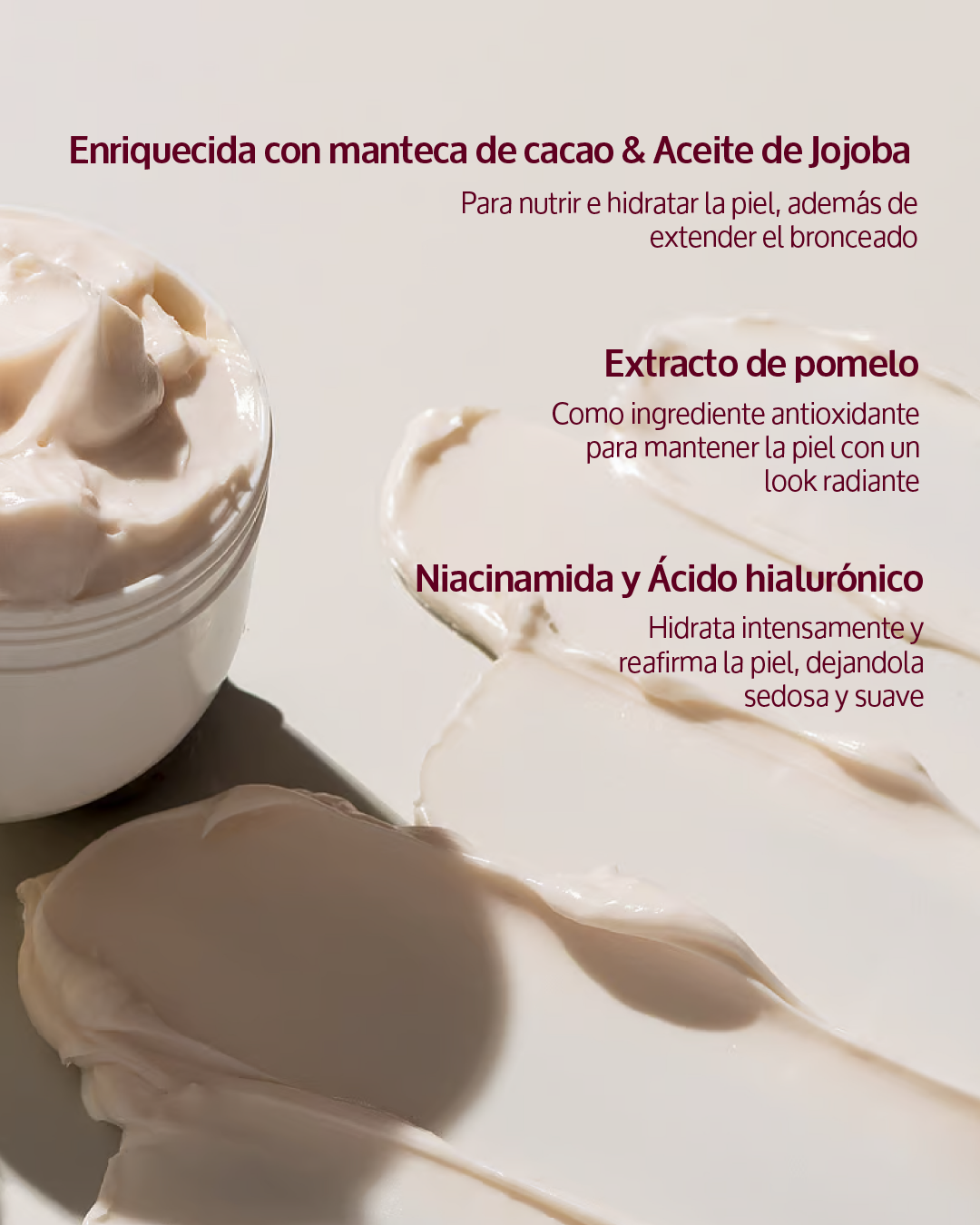 Crema humectante corporal con ingredientes naturales, veganos y libre de crueldad animal. Ácido hialurónico para hidratar profundamente tu piel