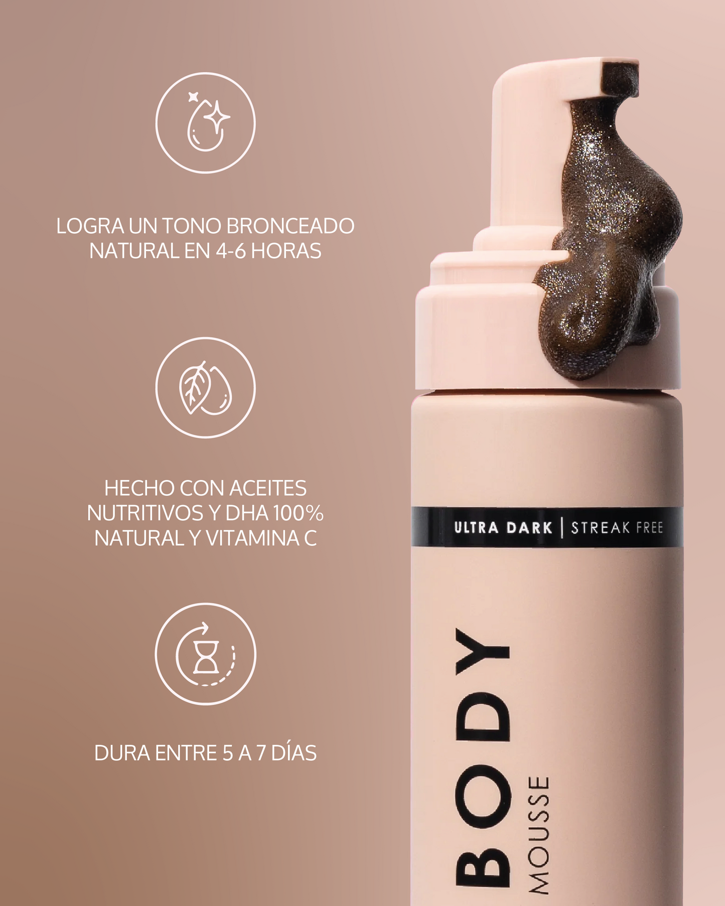 mousse ligero con propiedades hidratantes. Hecho con ingredientes naturales, dha 100% natural y vitamina c.